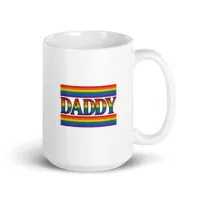 White mug with rainbow 'DADDY' text