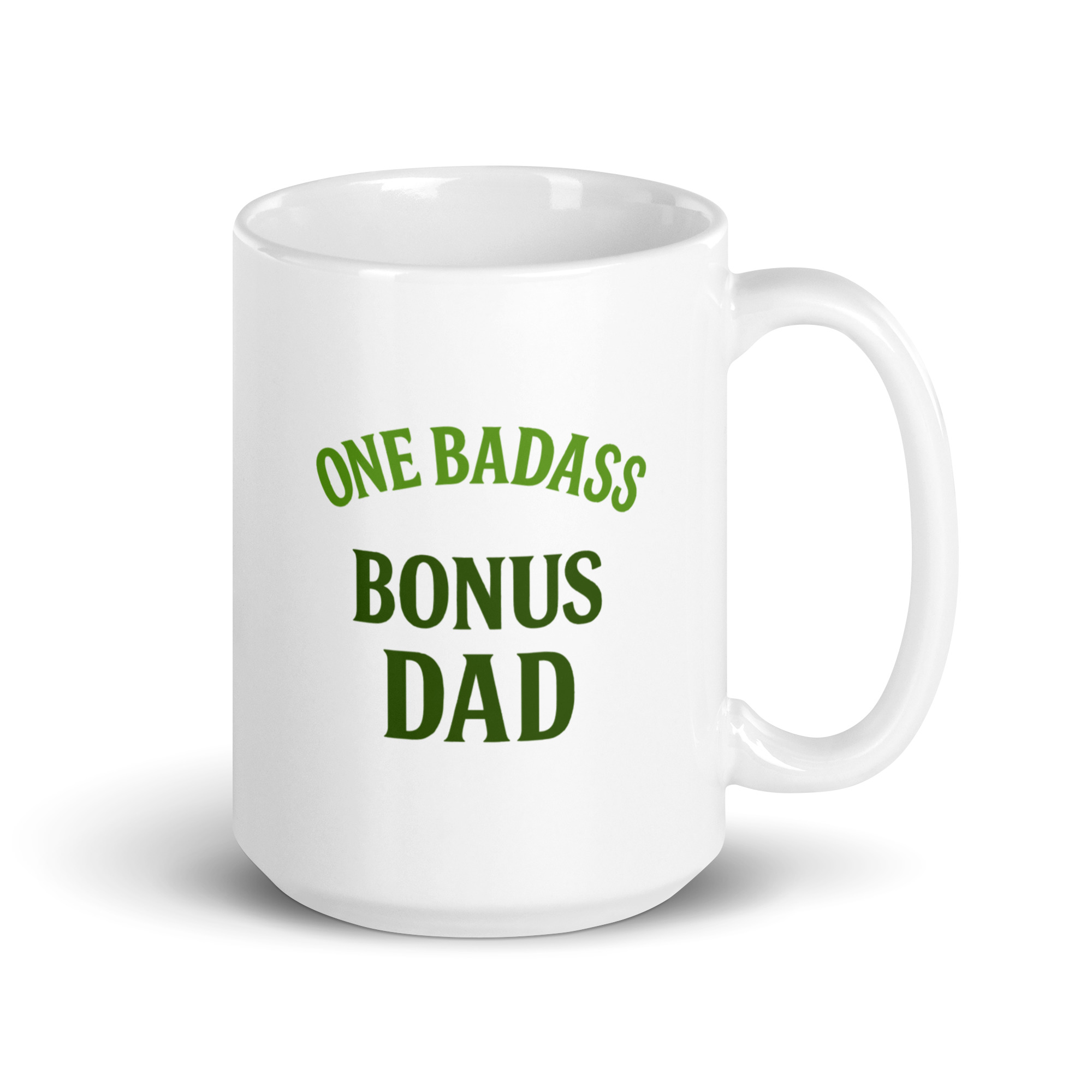 white-glossy-mug-white-15-oz-handle-on-right-68f7508fd2974.jpg White mug with 'One Badass Bonus Dad' text.