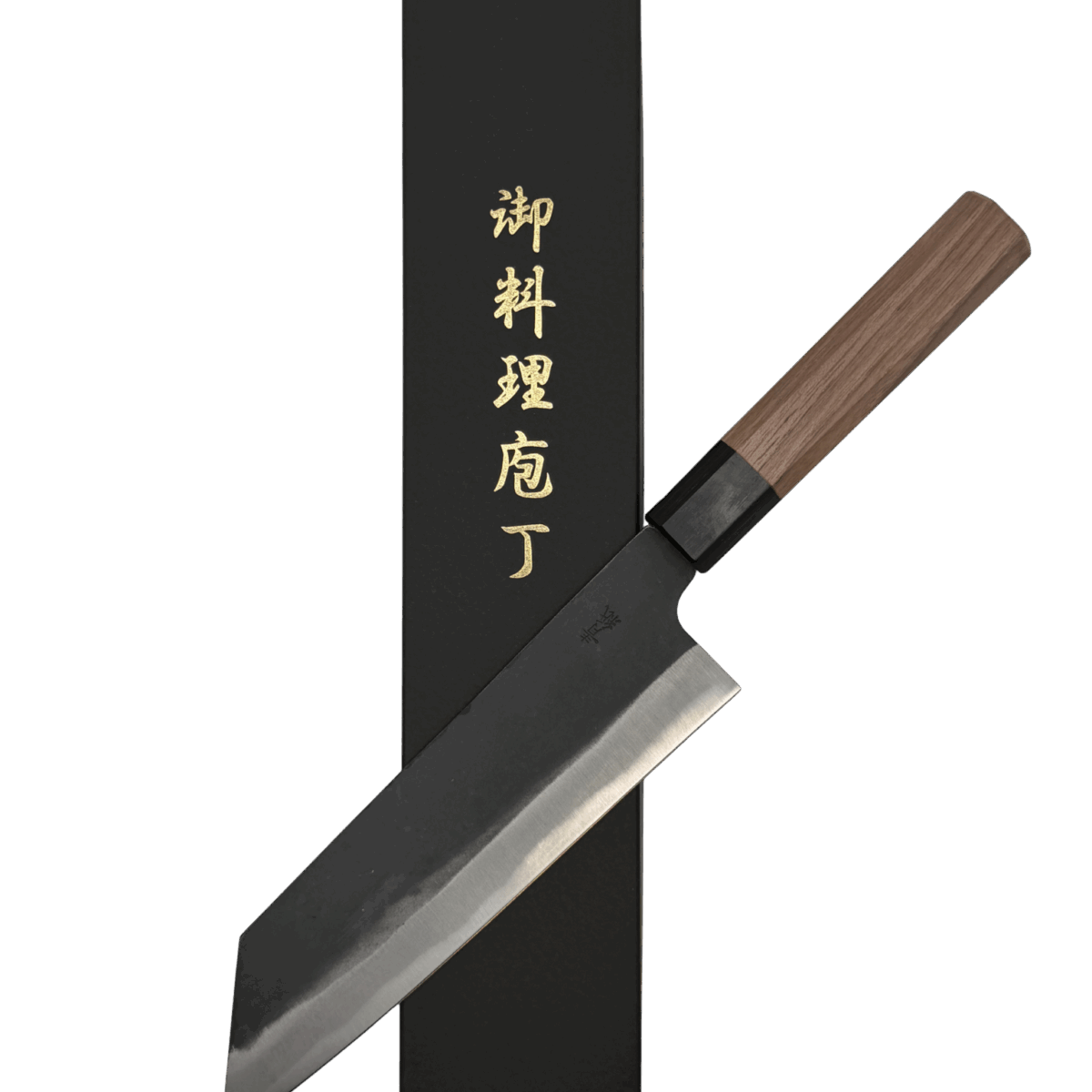 Japanese chef knife with wooden handle and box.