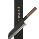 Japanese chef knife with wooden handle and box.