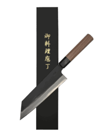 Japanese chef knife with wooden handle and box.