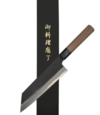 Japanese chef knife with wooden handle and box.