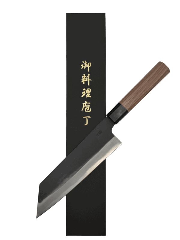 Japanese chef knife with wooden handle and box.