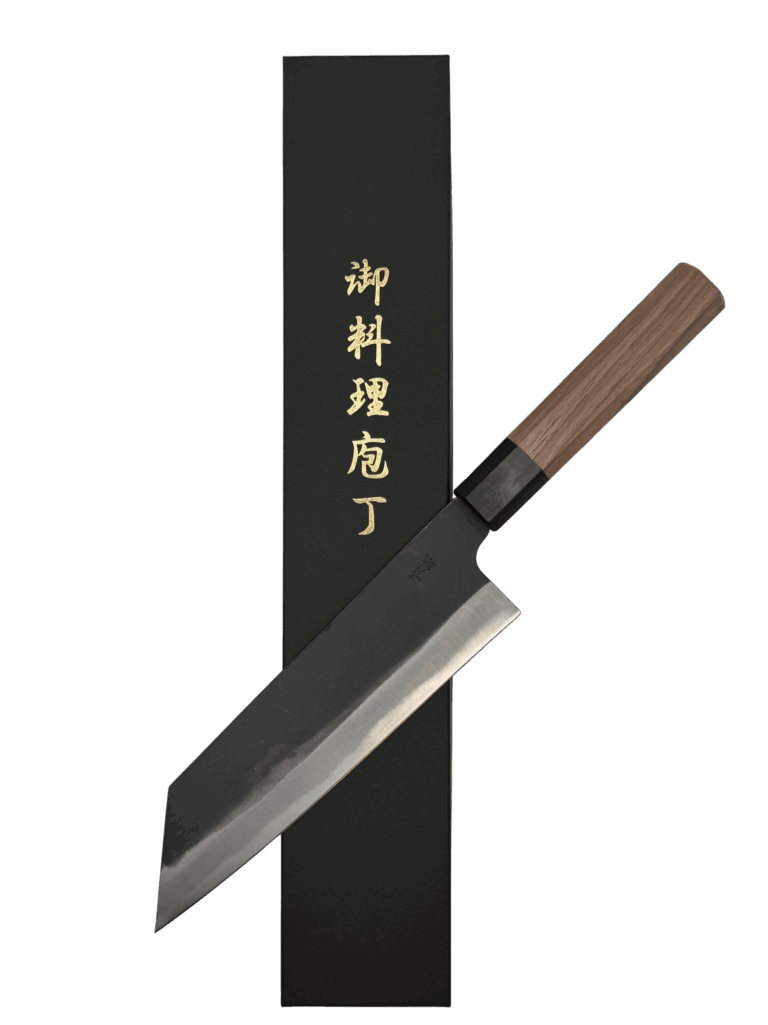 Japanese chef knife with wooden handle and box.