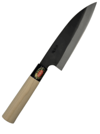Japanese chef knife with wooden handle and black blade.