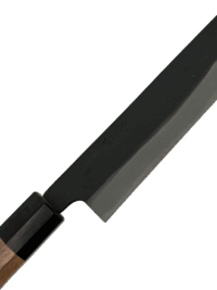 Close-up of a chef's knife blade and handle.