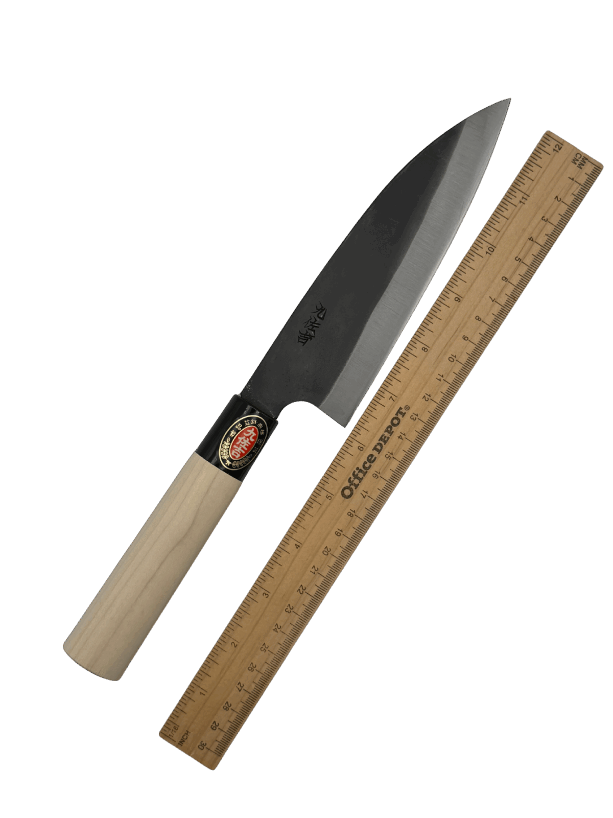 Chef knife and ruler on white background.