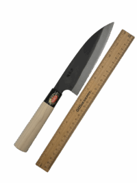 Chef knife and ruler on white background.