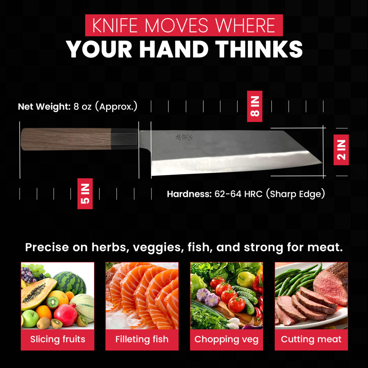 Sharp, versatile knife for slicing, filleting, chopping, cutting.