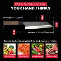Sharp, versatile knife for slicing, filleting, chopping, cutting.