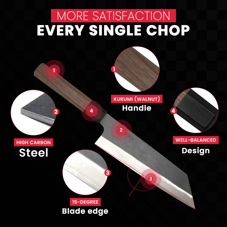 High carbon steel chef knife with walnut handle.