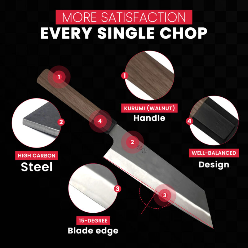 High carbon steel chef knife with walnut handle.