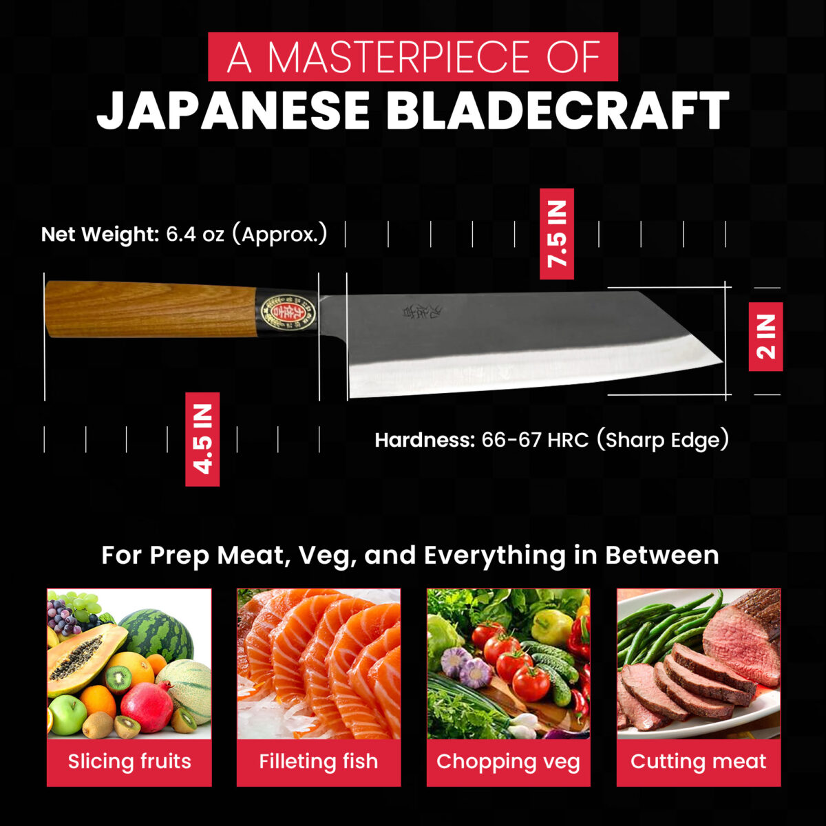 Japanese knife for slicing, filleting, chopping, cutting.