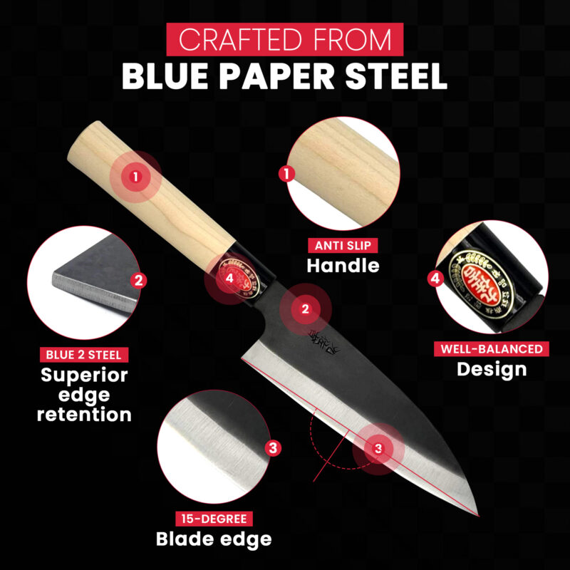 Knife made from blue paper steel with superior design.
