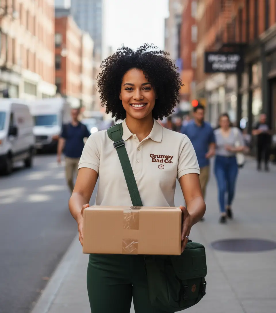 Smiling delivery worker carrying package on city street.