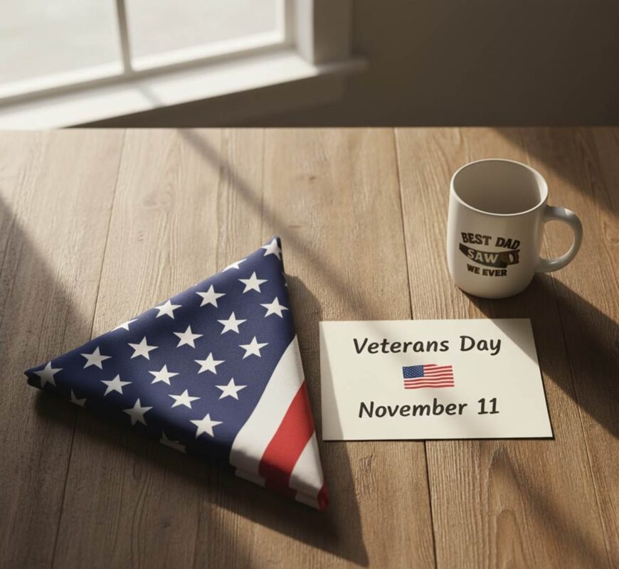 Veterans Day card with American flag and mug.