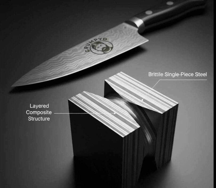 Knife with layered composite and steel structure.