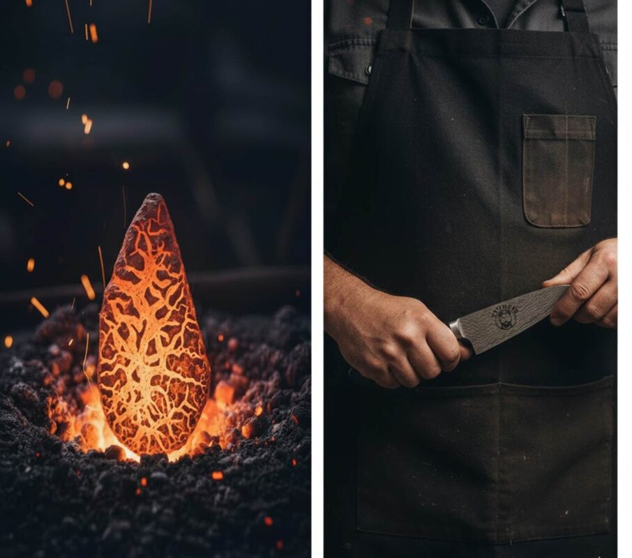 Glowing forge rock, craftsman holding knife.