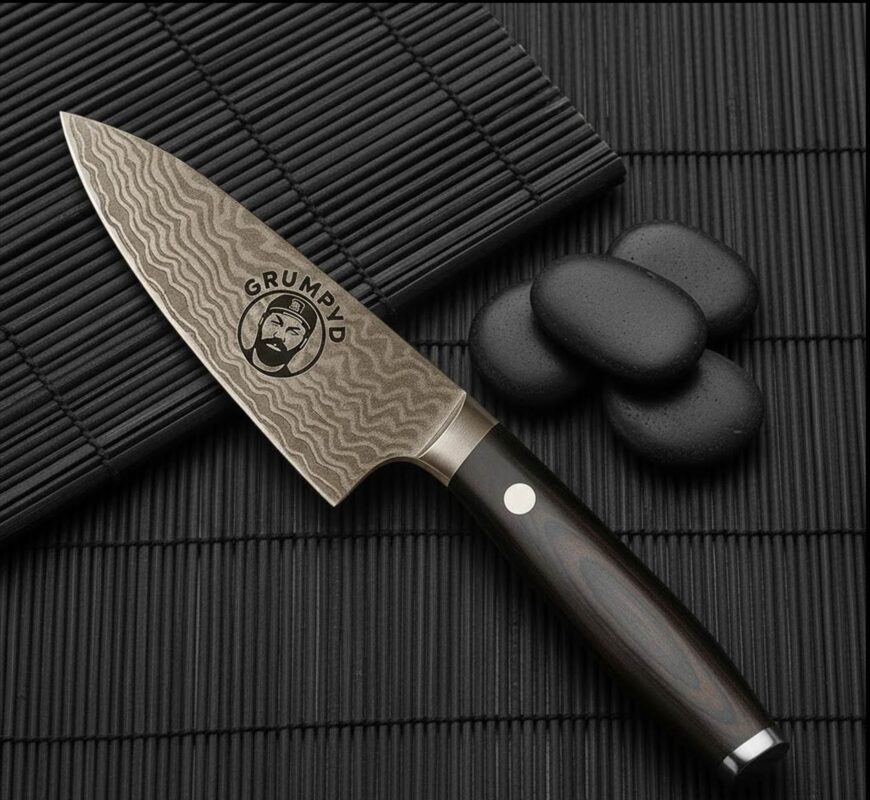 Custom chef knife on bamboo mat with stones.