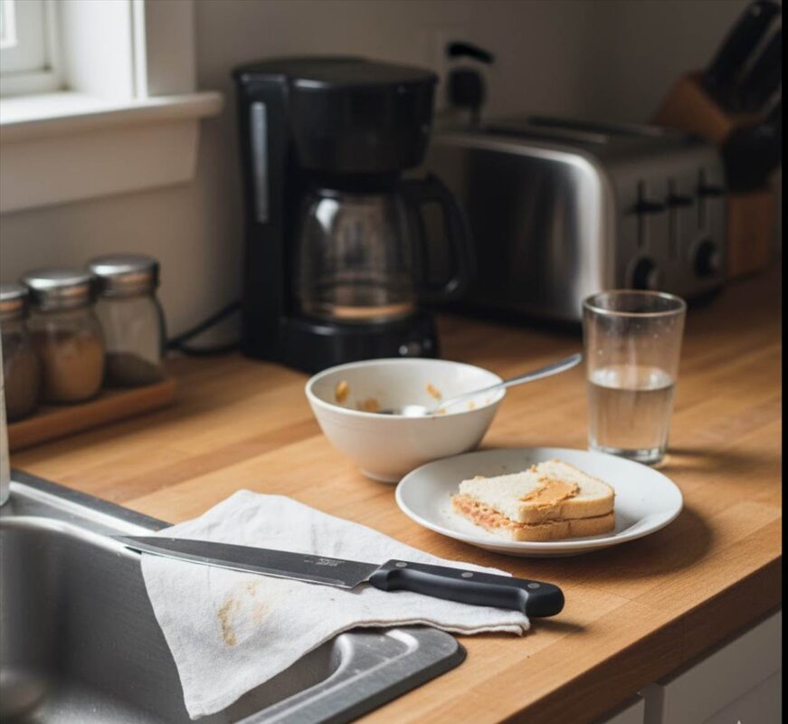 Kitchen counter with sandwich, coffee maker, and knife.