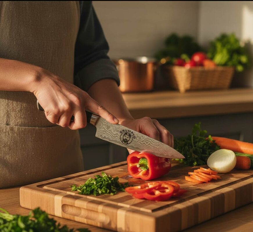 Chopping vegetables on wooden cutting board.