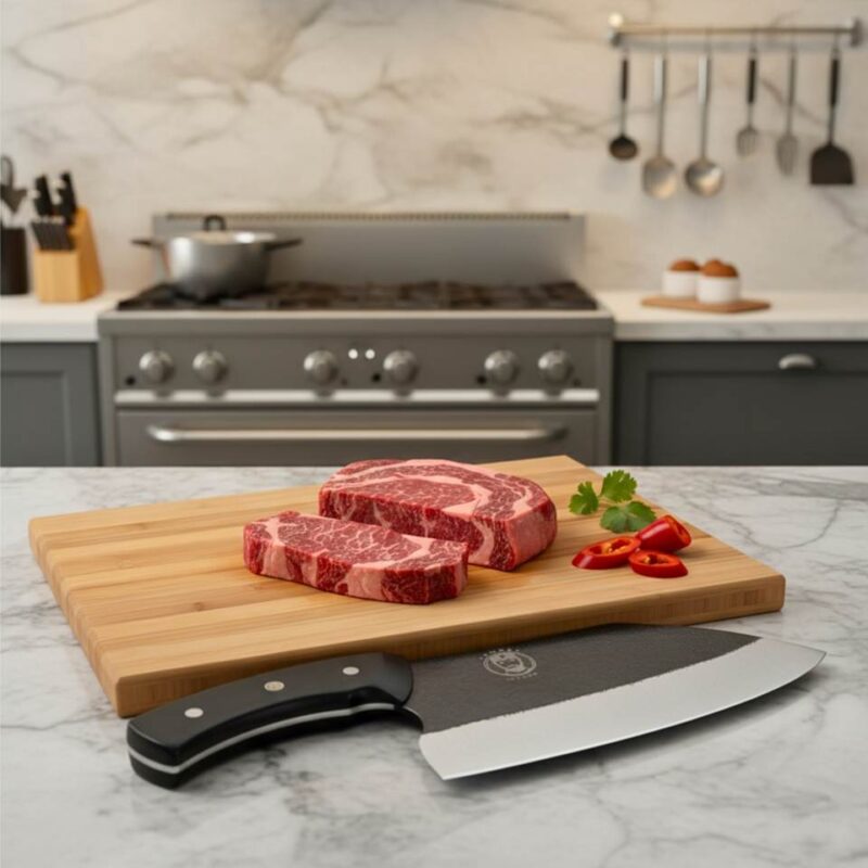 Sliced steak and knife on kitchen counter