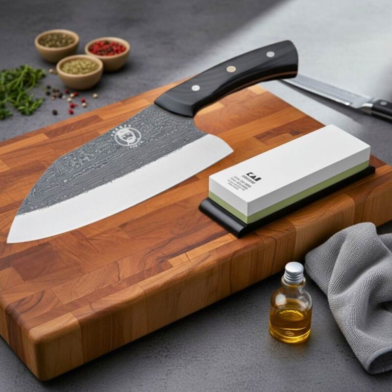 Chef knife and sharpening stone on cutting board.