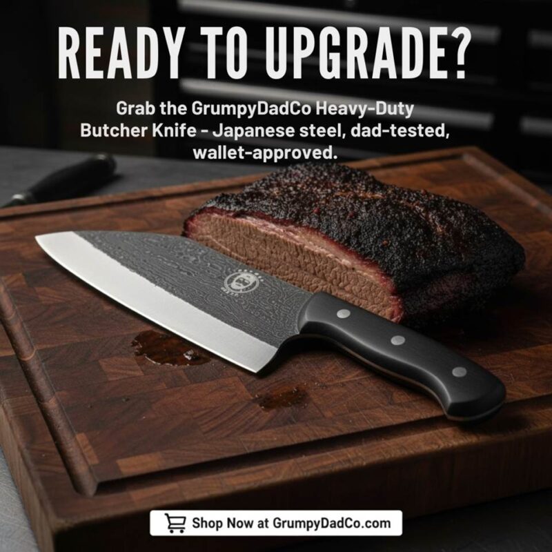 Heavy-duty butcher knife with sliced brisket on board.