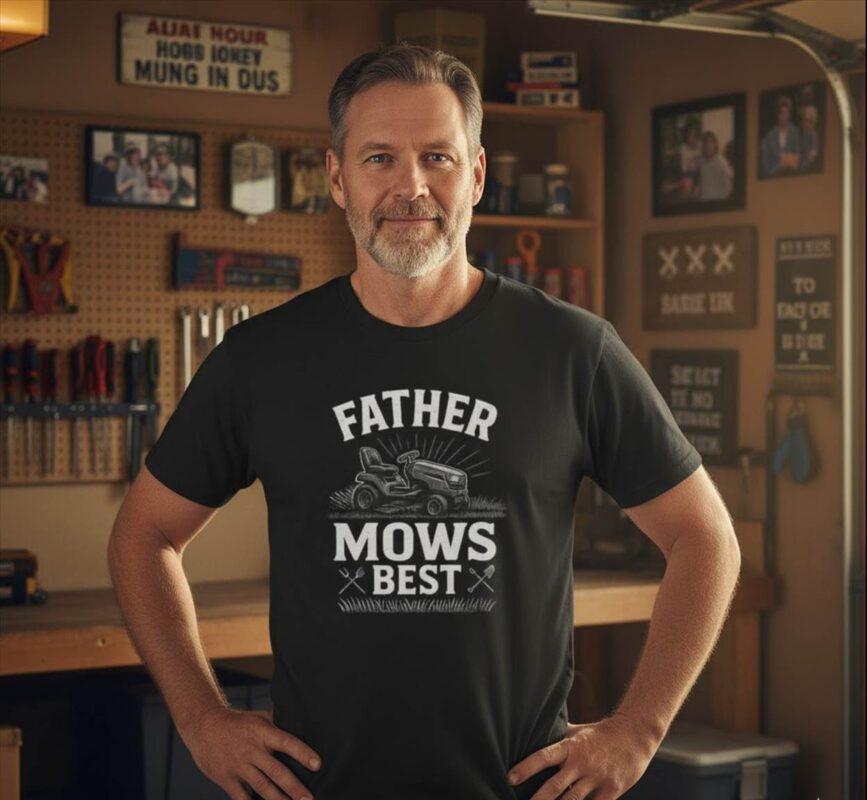 Man wearing 'Father Mows Best' shirt in workshop.