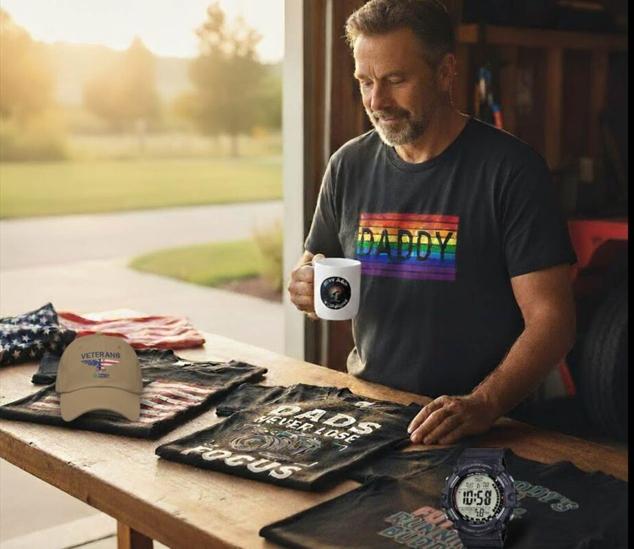 Man with mug and shirts in daylight