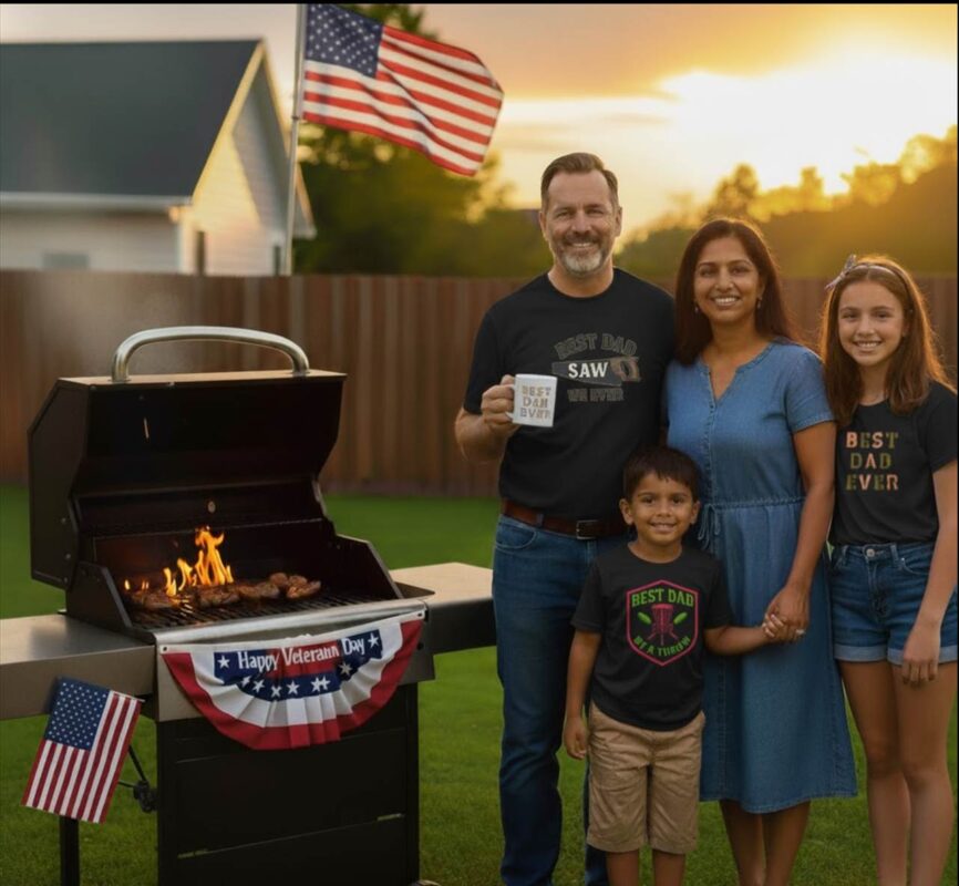 Family barbecue on Veterans Day with American flag.