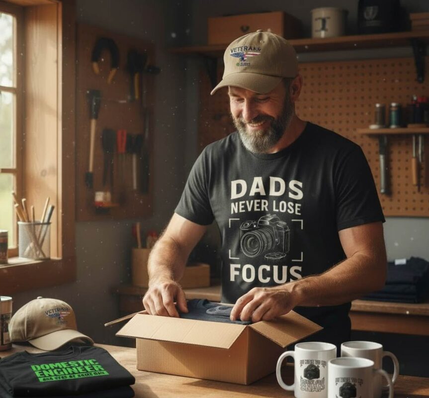Man packing shirts in workshop with personalized mugs.