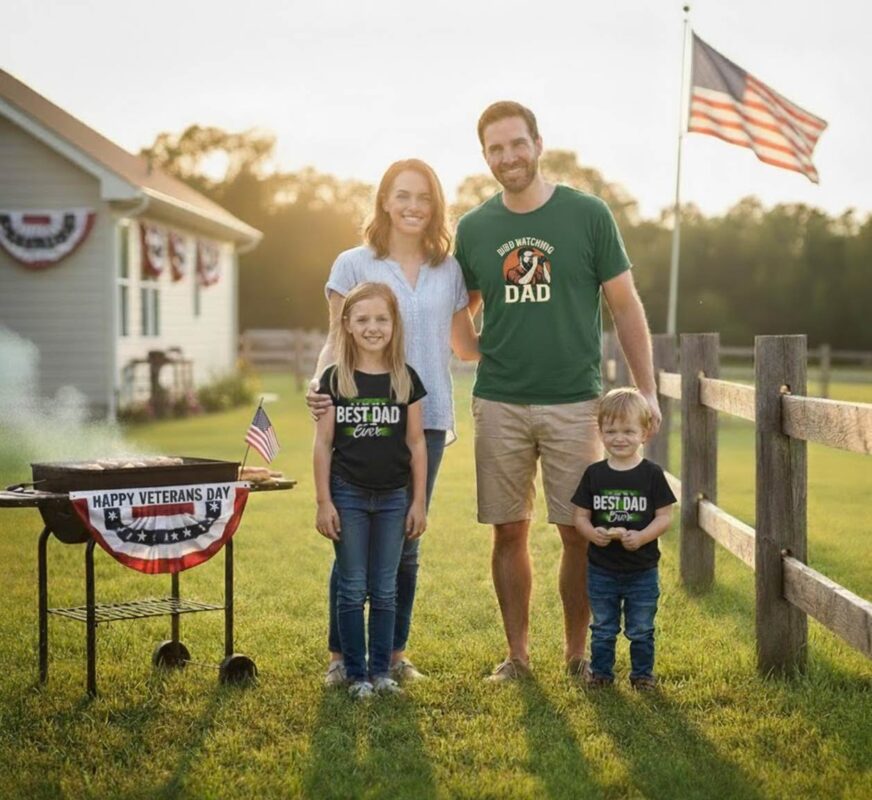 Family celebrating Veterans Day with grill and flags.