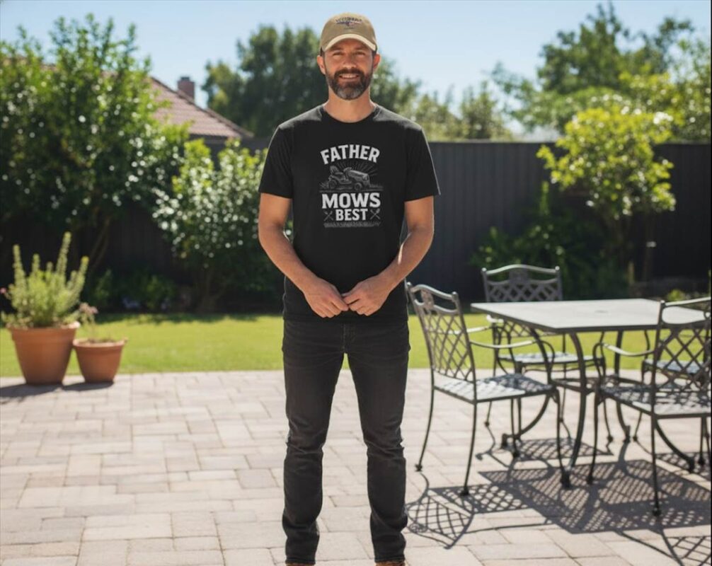 Man in backyard wearing 'Father Mows Best' shirt.