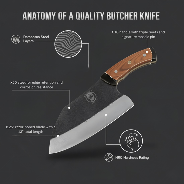 Details of a quality butcher knife anatomy.