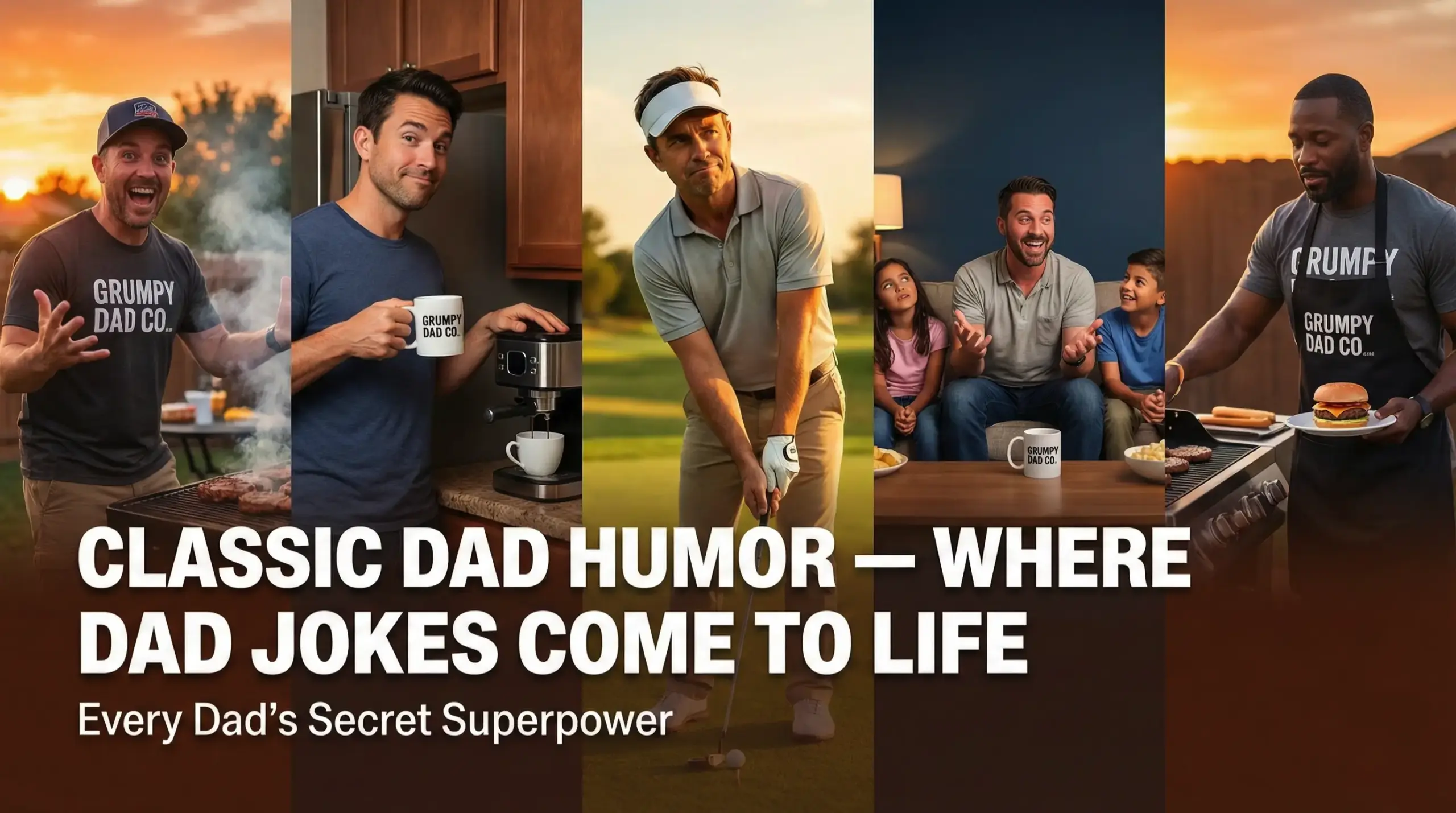 Classic dad humor, grilling, coffee, golf, family time.