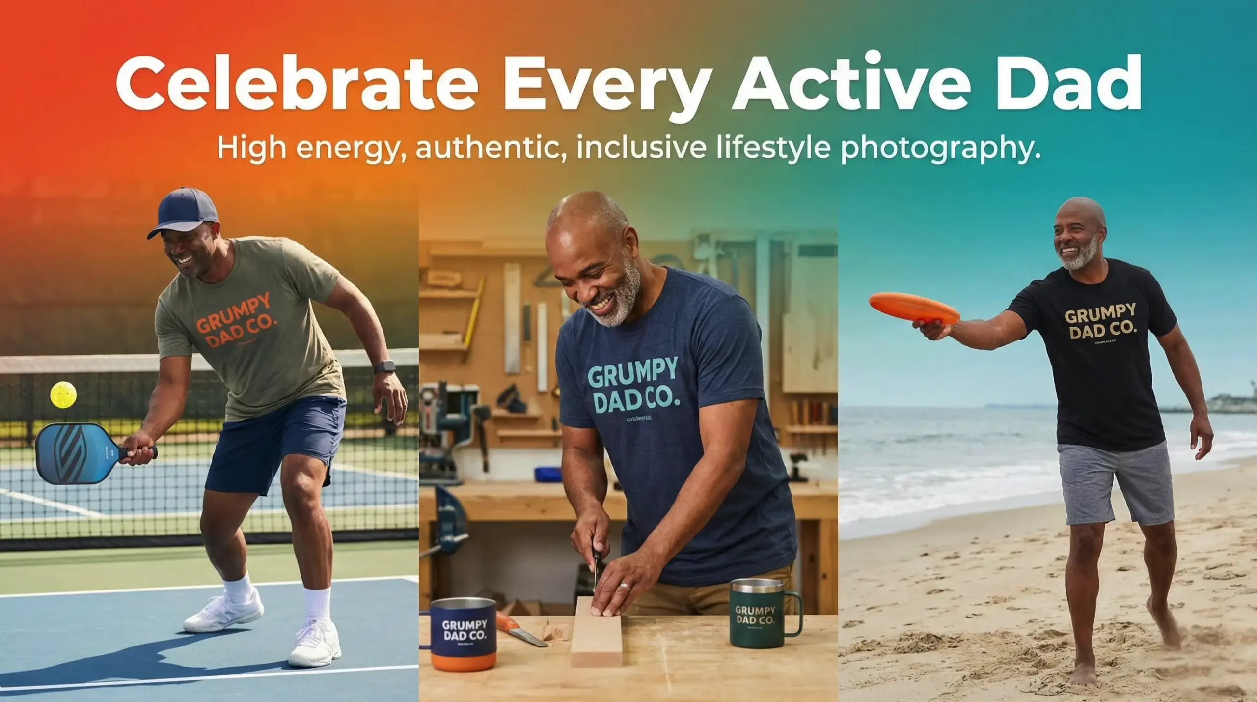 Active dads playing sports and woodworking joyfully.