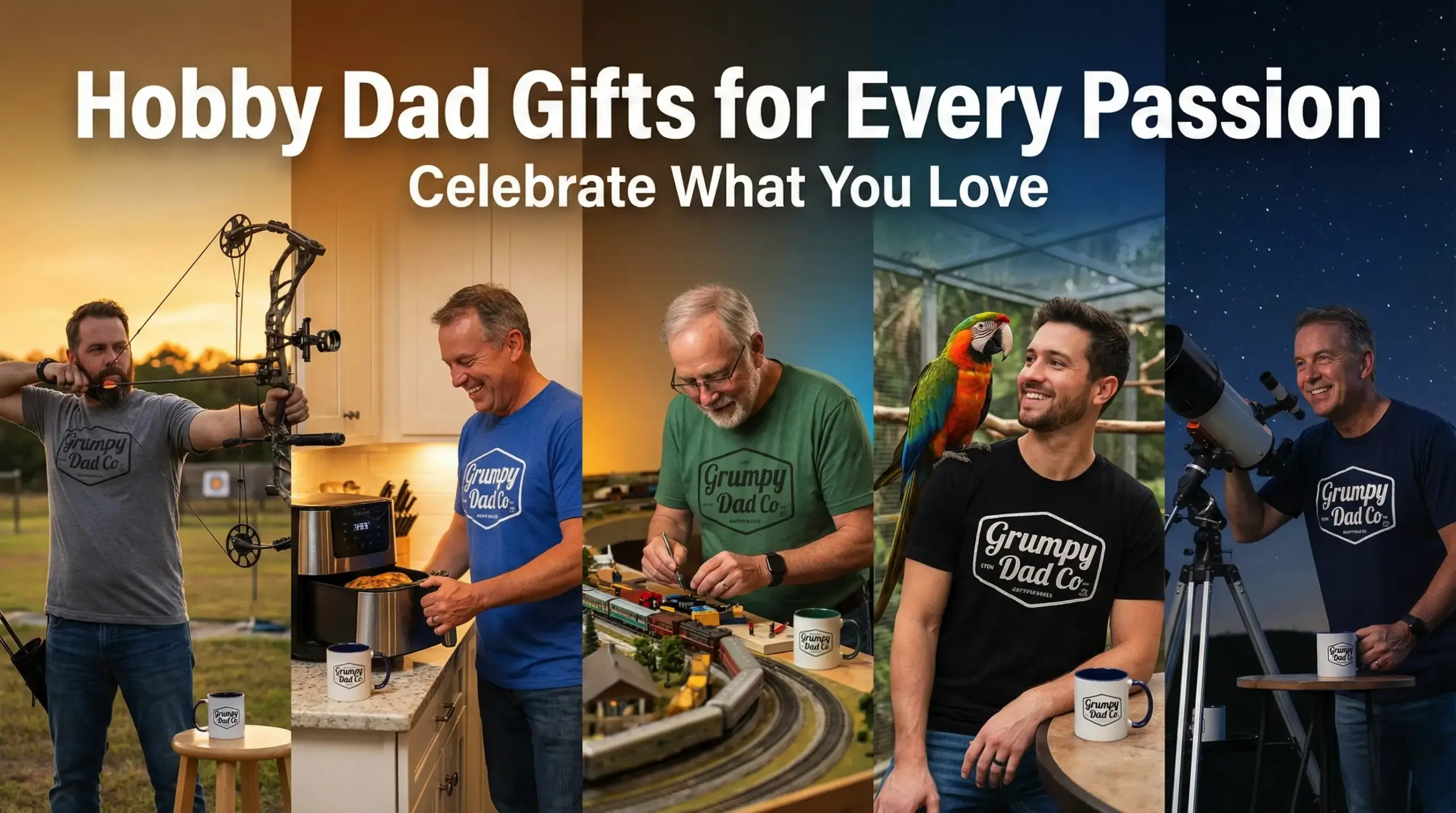 Dads enjoying different hobbies: archery, cooking, trains, birds, stargazing.