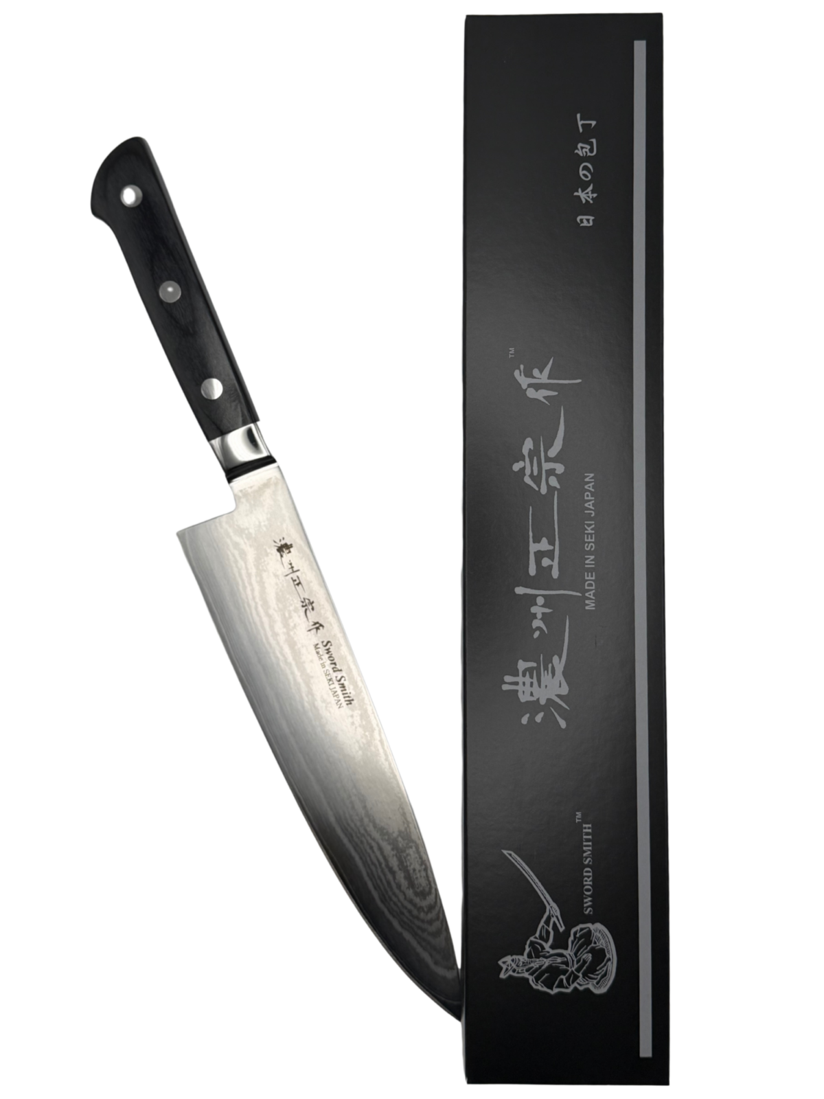 Japanese chef knife with black handle and box