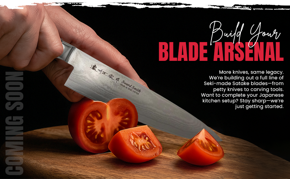 Knife cutting tomatoes, promoting Japanese blades.