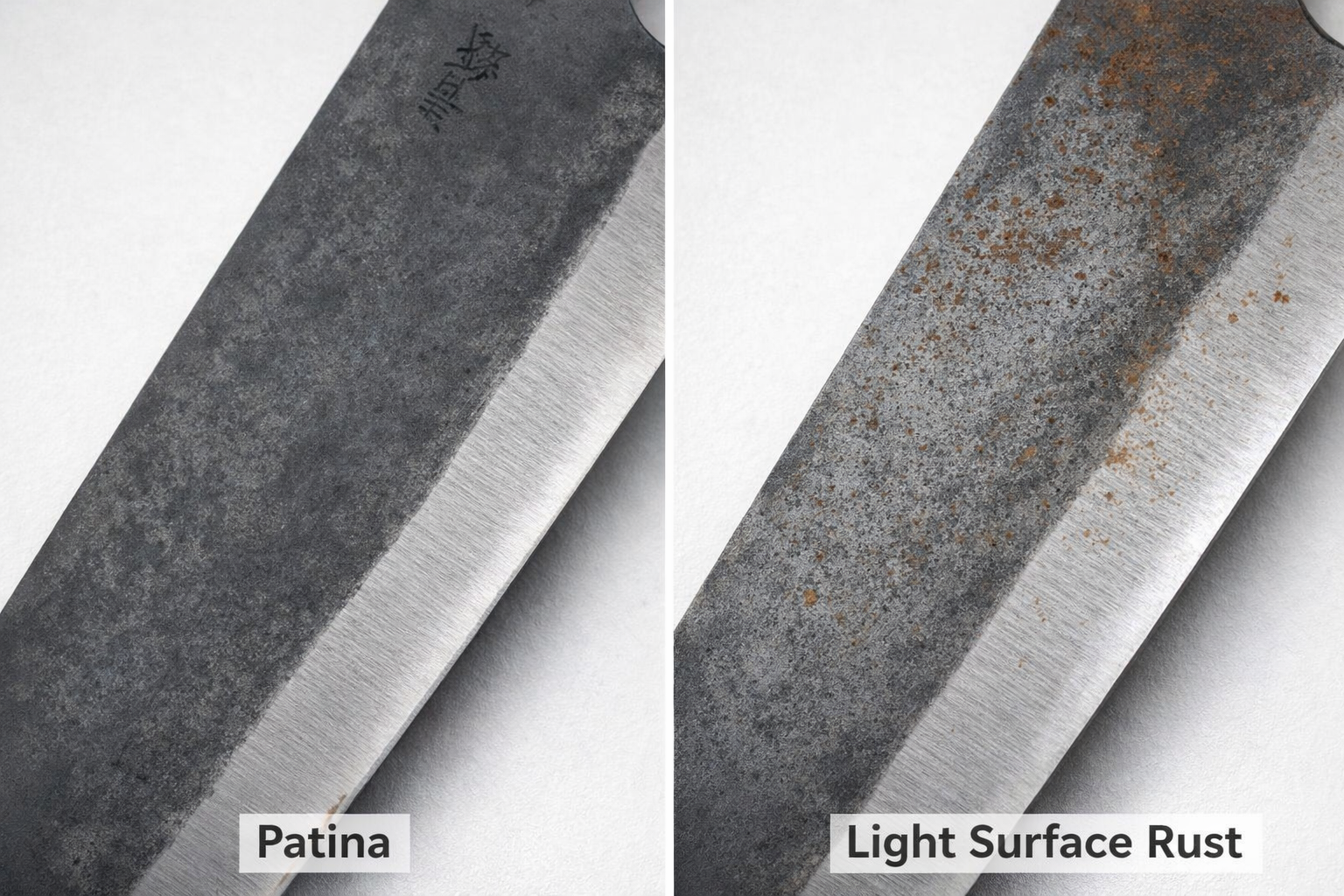 Comparison of blade patina and light rust.