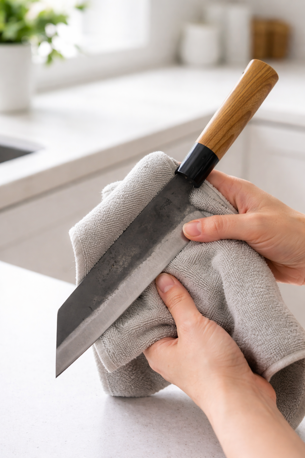 Person cleaning a kitchen knife with cloth.