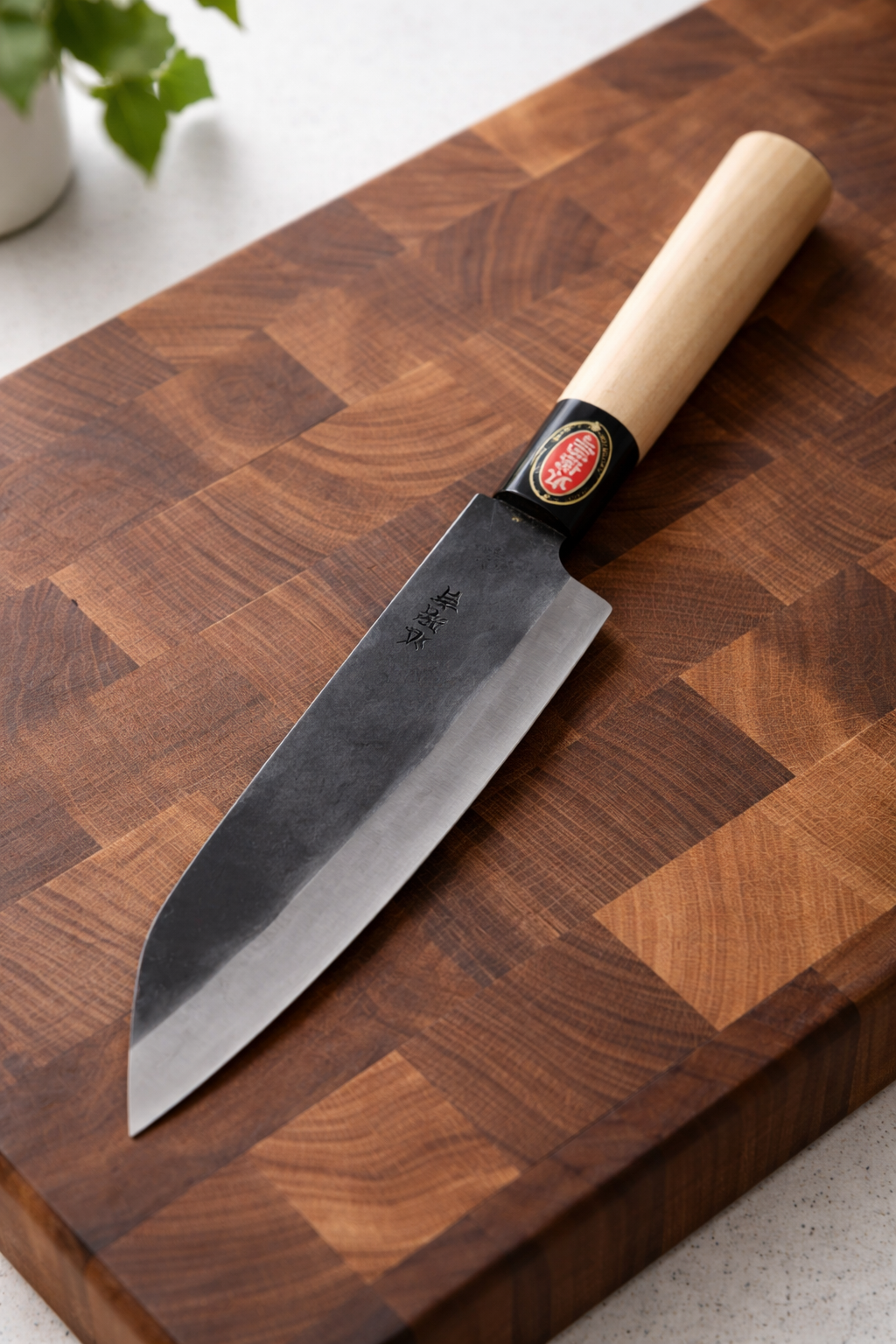 Japanese knife on wooden cutting board.