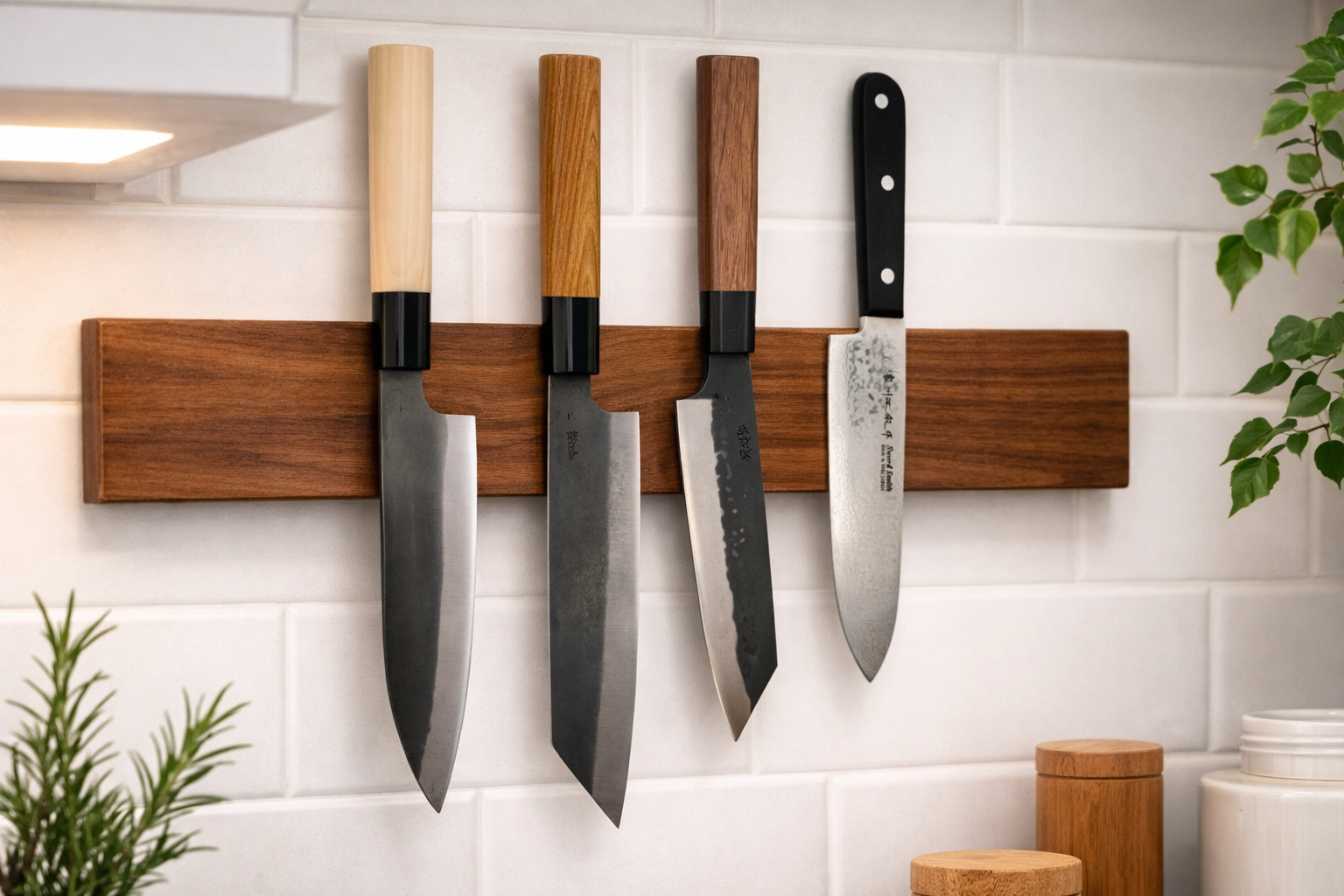 Magnetic knife rack with four kitchen knives
