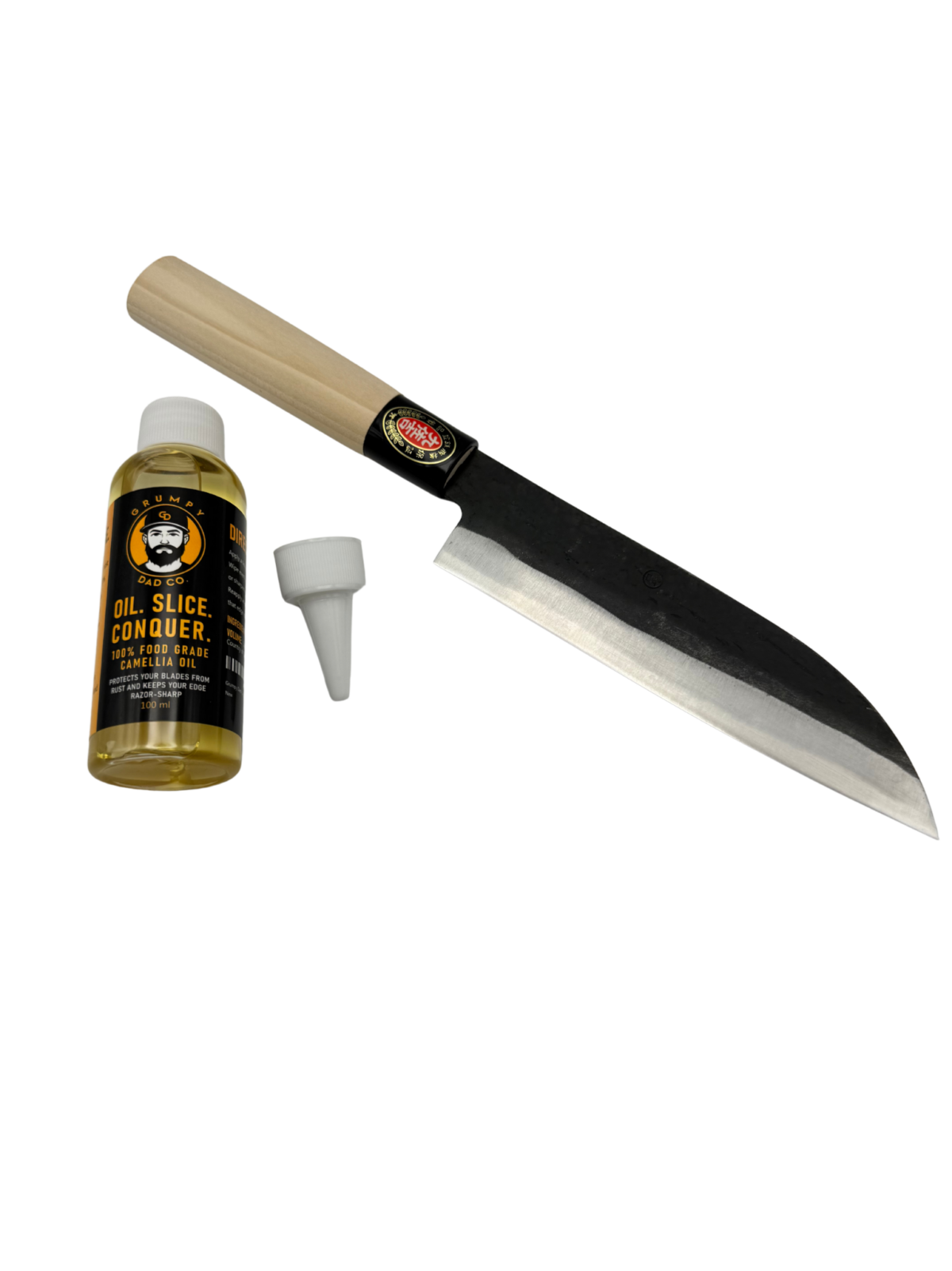 Japanese knife with camellia oil bottle and spout