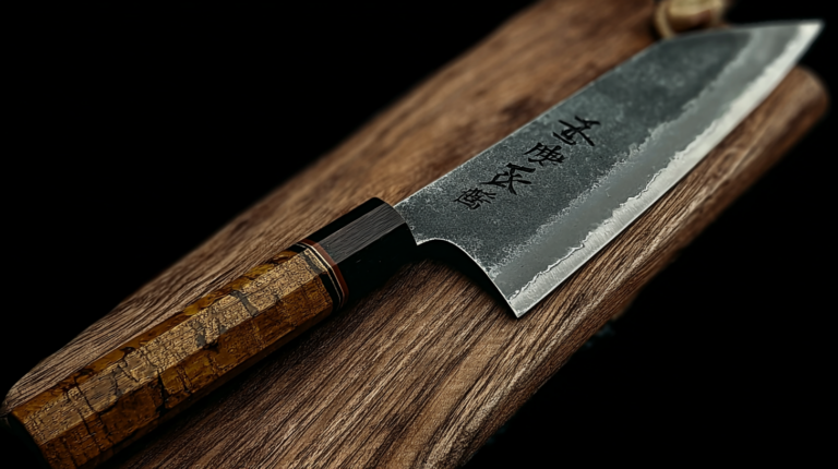 Japanese chef knife on wooden board close-up.