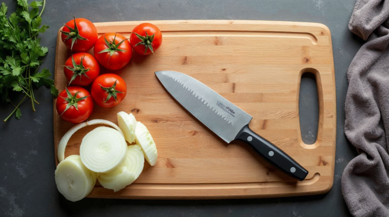 Top-down view of a chef’s knife on a cutting board with sliced onions and tomatoes.