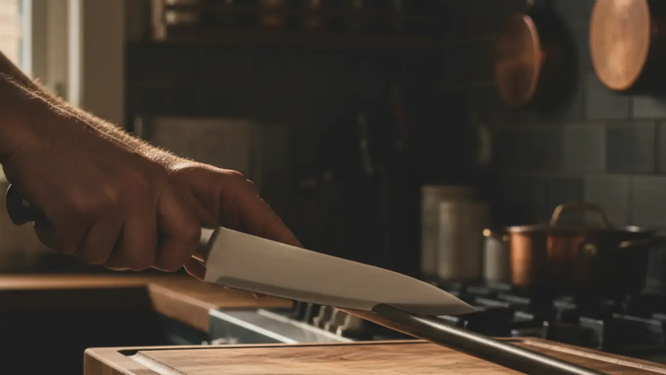 Chef's knife being honed on a steel rod over a walnut cutting board in a moody home kitchen