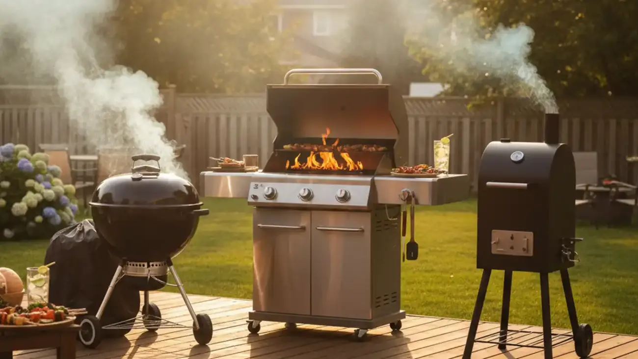 Charcoal kettle, gas grill, and pellet smoker side by side on a backyard deck at golden hour