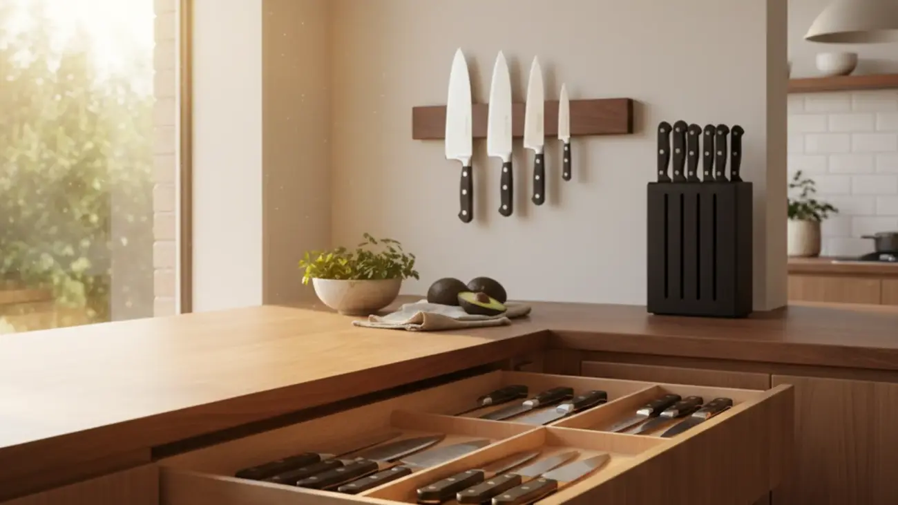 In-drawer knife organizer, wall-mounted magnetic knife strip, and countertop knife block in a modern kitchen
